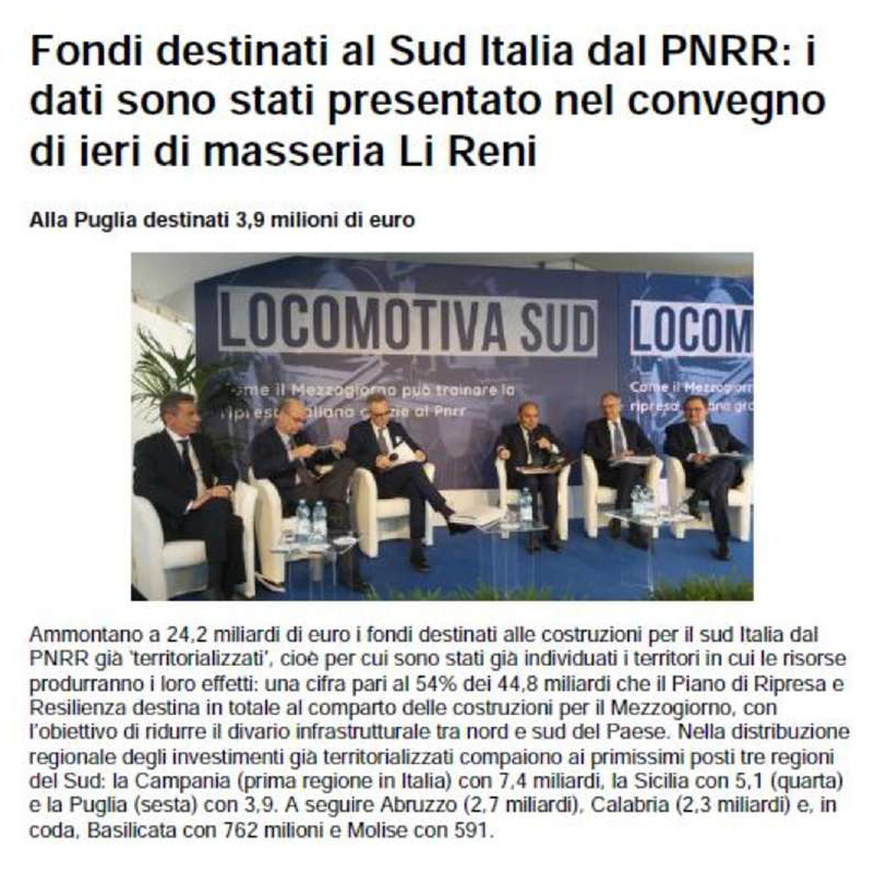 Fondi destinati al Sud Italia dal PNRR: i dati sono stati presentati nel convegno “Locomotiva Sud”